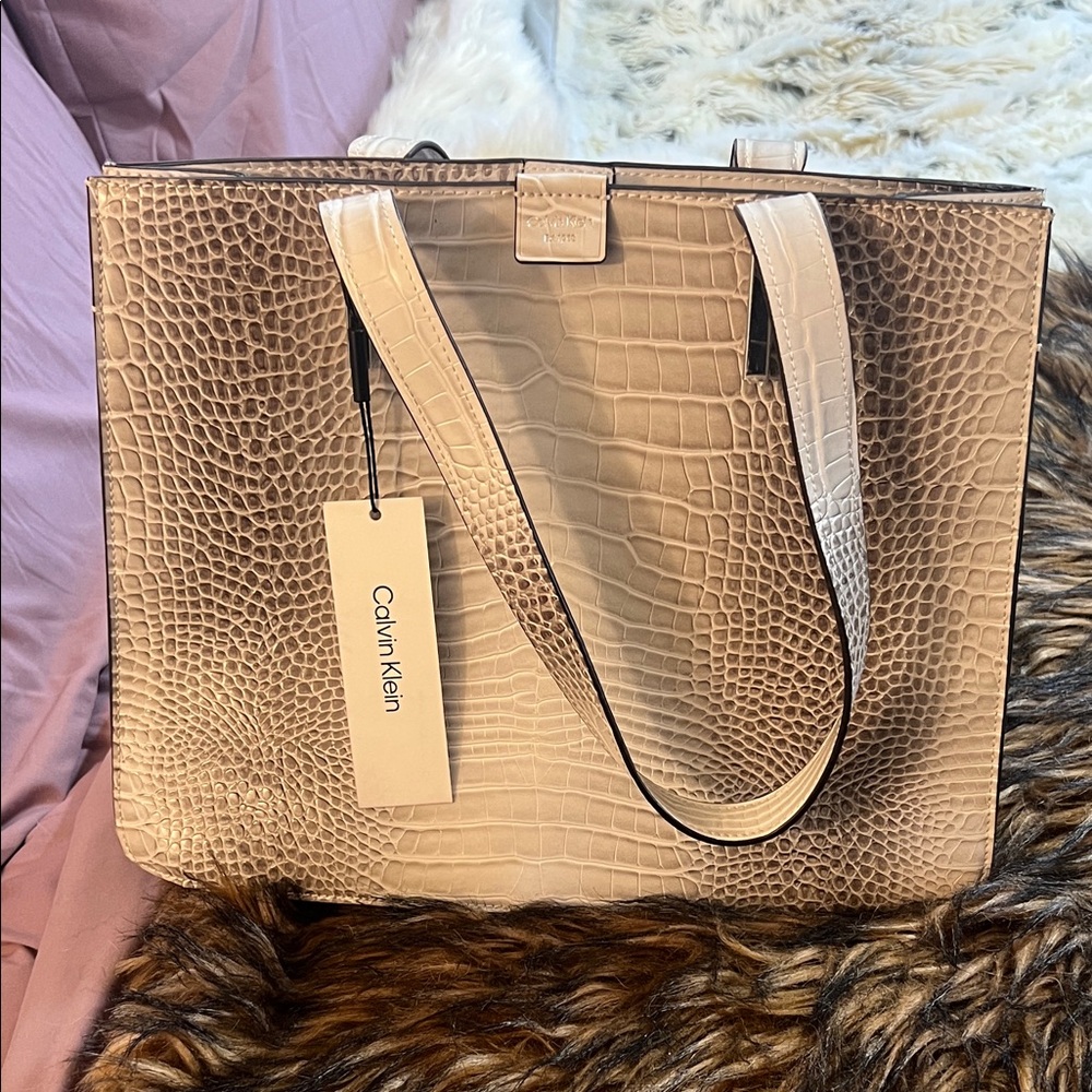 Calvin Klein Cream & Brown Croc-Embossed Tote